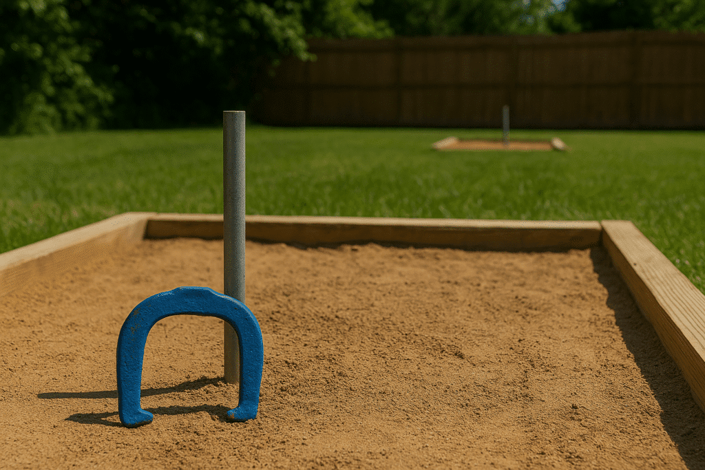 A photo of a blue horseshoe resting against a galvanized metal stake in a sandy backyard pit with a wooden fence and lush grass in the background