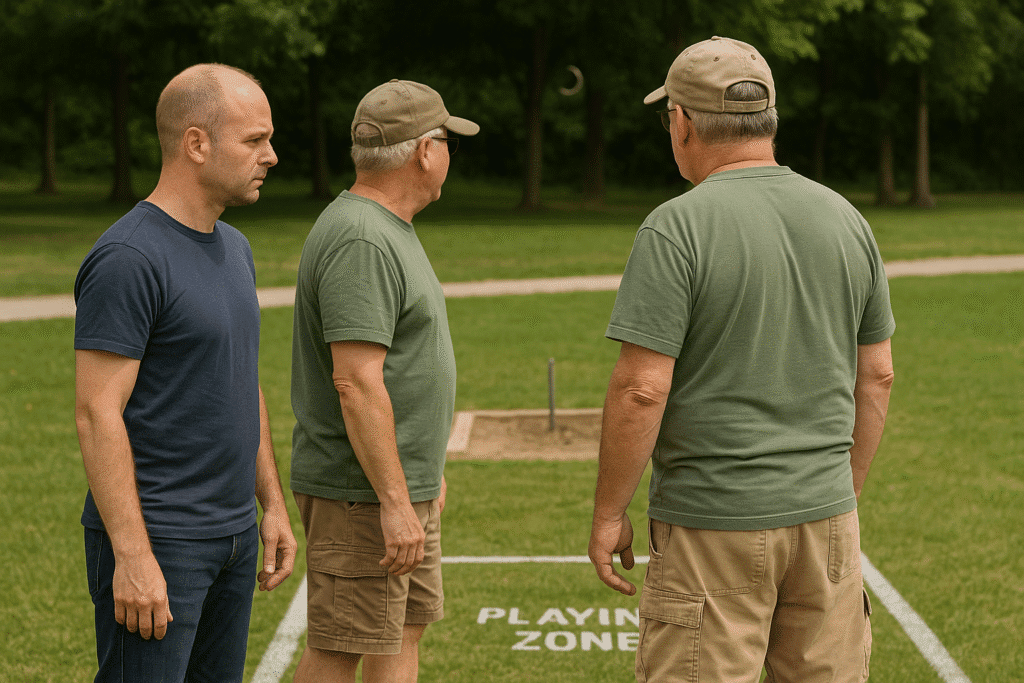 Two middle-aged players stand outside a clearly marked horseshoe playing zone, waiting safely as another person finishes a throw, demonstrating safe spacing and court awareness.
