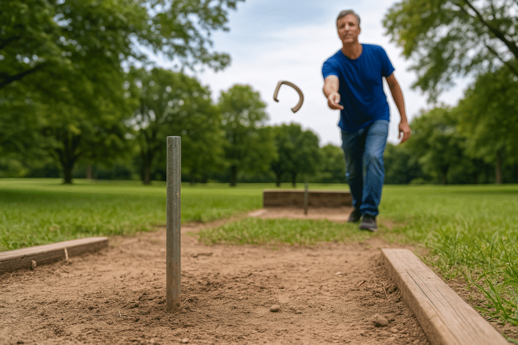 A man in a blue shirt throws a horseshoe toward a stake from a low-angle perspective in a sunlit park, with the horseshoe captured mid-flight and trees framing the scene.