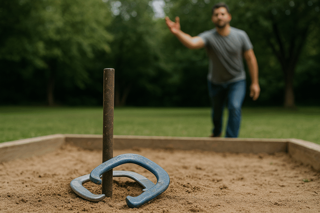 A sandy horseshoe pit with two weathered horseshoes wrapped around the stake, while a player throws in the blurred background.