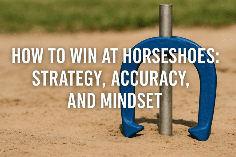 A blue pitching horseshoe wrapped around a metal stake in a sandy court, with the article title “How to Win at Horseshoes: Strategy, Accuracy, and Mindset” overlaid in bold white text