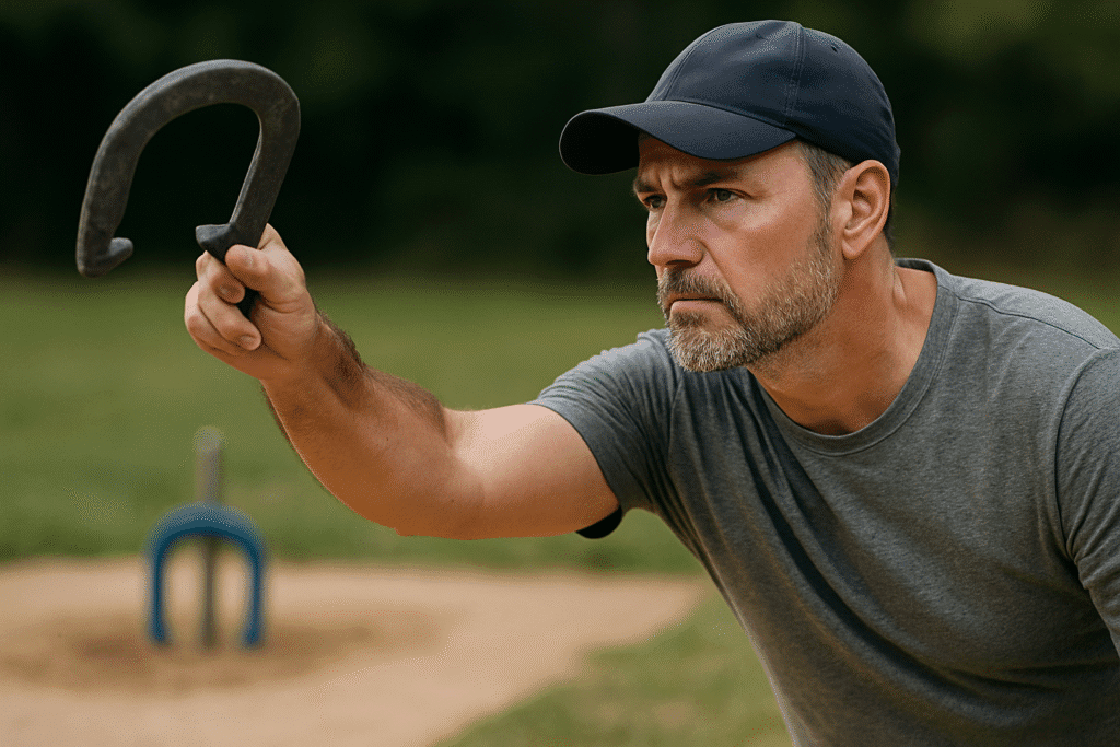 A middle-aged man with a cap intensely focused as he prepares to pitch a horseshoe, with the stake and court visible behind him.