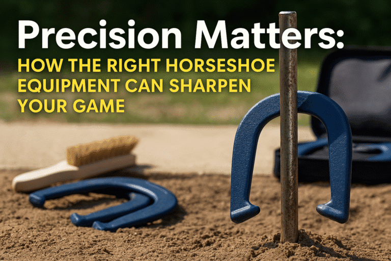A close-up of a blue horseshoe hooked around a stake in a sandy pit, with a wooden brush and carrying case nearby, under the title “Precision Matters: How the Right Horseshoe Equipment Can Sharpen Your Game