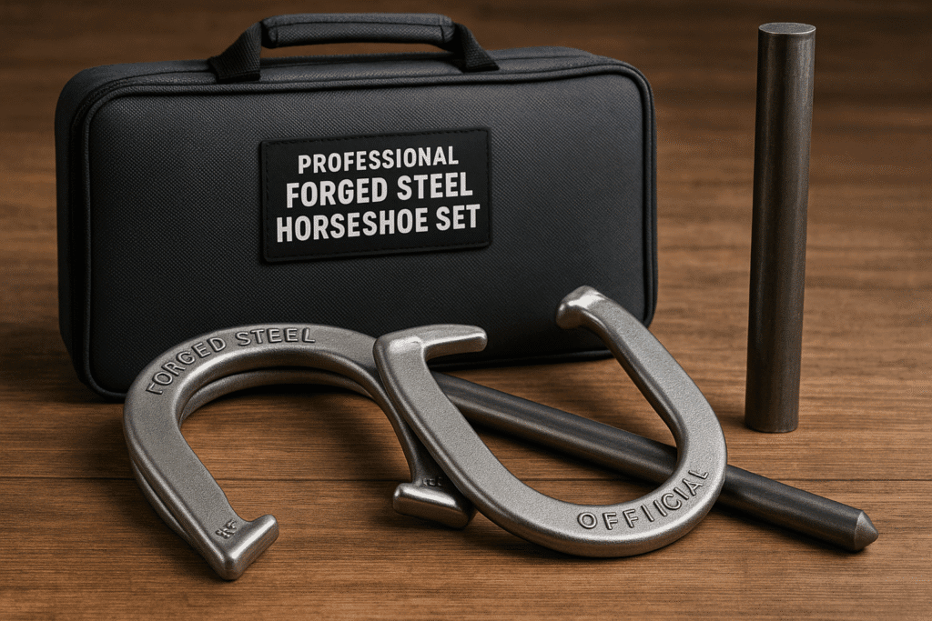 A professional forged steel horseshoe set with two polished horseshoes, a steel stake, and a black carrying case labeled “FORGED STEEL HORSESHOE SET,” arranged neatly on a wooden surface.