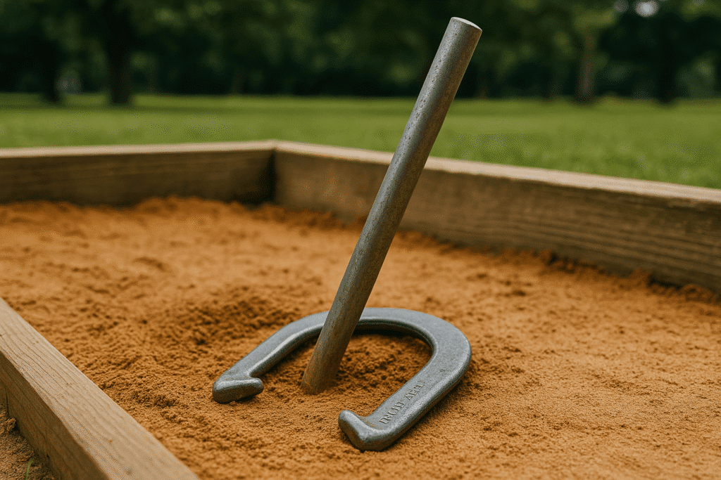 A close-up of a forged steel stake tilted at a 12-degree angle in a wooden horseshoe pit, with a single steel horseshoe positioned at the base, surrounded by damp orange-tinted sand and green park scenery.