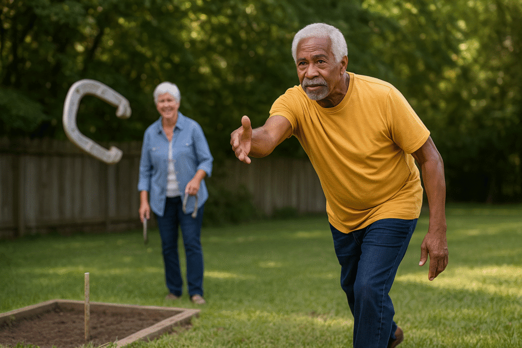 A senior African American man bending slightly as he prepares to throw a horseshoe on a calm, grassy playing field