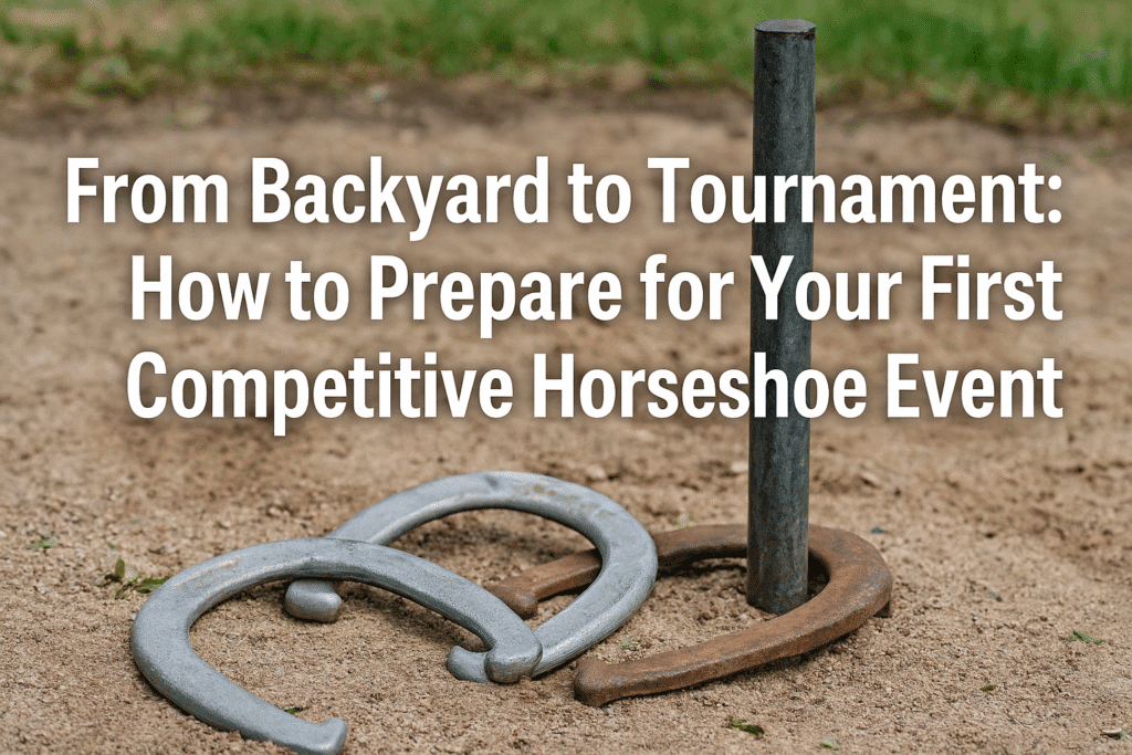 A bold blog banner with the title “From Backyard to Tournament” displayed over a blurred horseshoe background