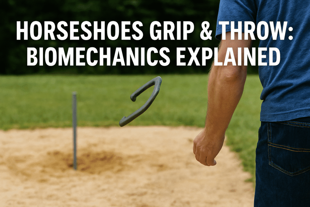 A digital photo showing a man throwing a horseshoe toward a stake in a sandy pit with overlaid title text “Horseshoes Grip & Throw: Biomechanics Explained.”