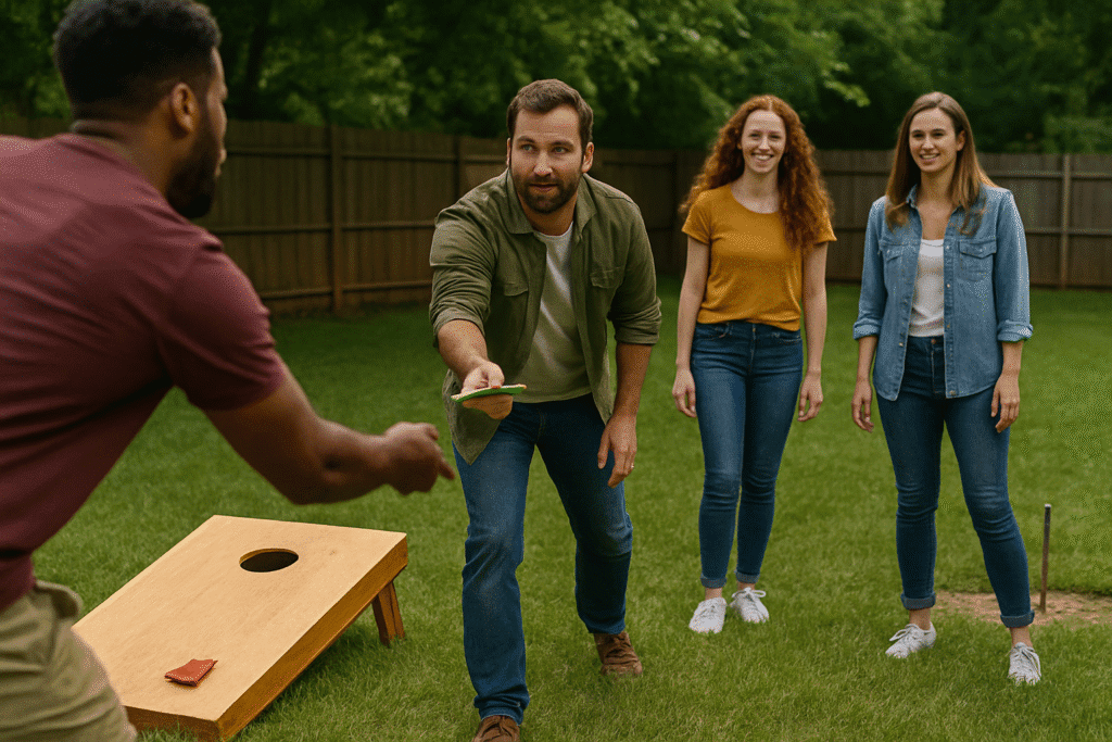 An outdoor gathering of friends where both cornhole and horseshoes are being played side-by-side on a sunny day.