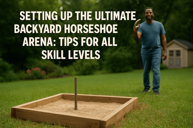 A high-resolution digital photograph with the title 'Setting Up the Ultimate Backyard Horseshoe Arena: Tips for All Skill Levels' displayed across a sunny backyard pit setup