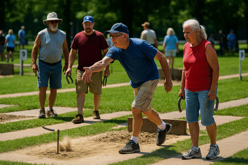 A high-resolution photo of two teams in action during a sunny outdoor horseshoe tournament, showing an older man throwing while teammates and spectators look on.