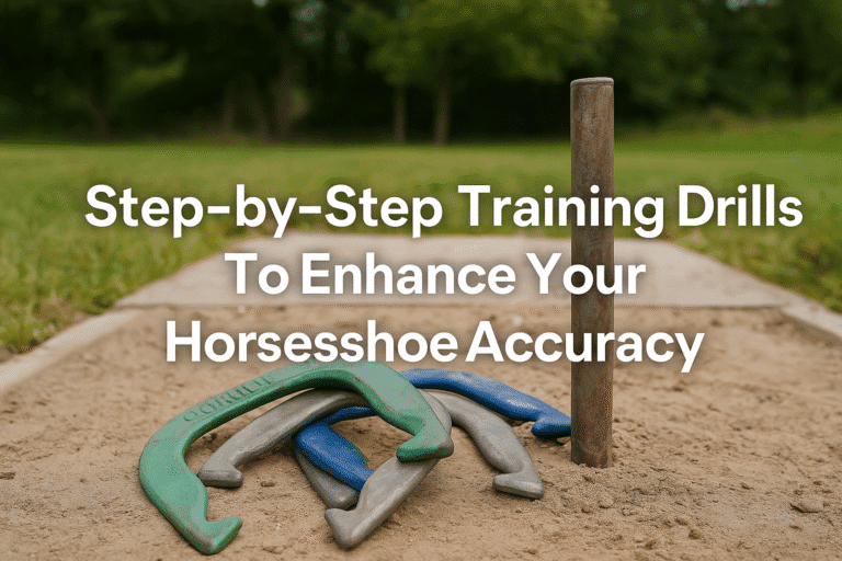 A high-resolution title image shows an outdoor horseshoe pit with the words "Step-by-Step Training Drills To Enhance Your Horseshoe Accuracy" overlaid in bold text, emphasizing backyard practice.