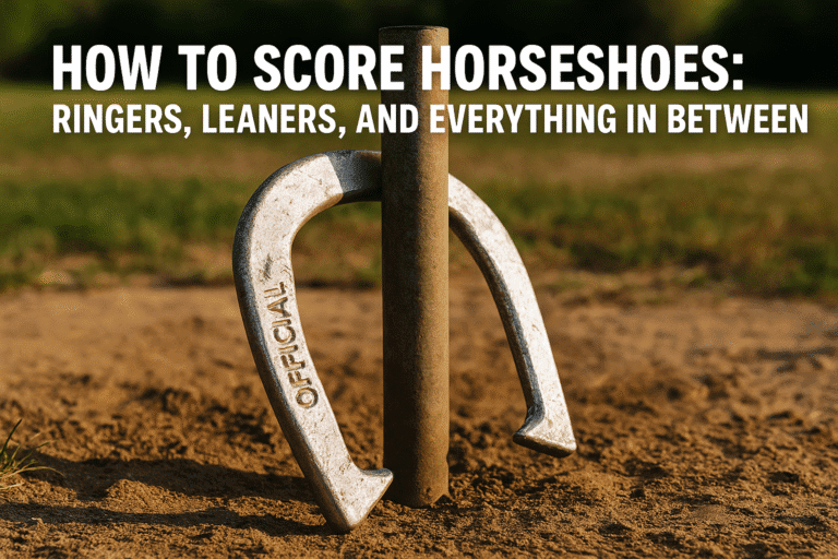 A horseshoe perfectly circles the stake, showing a textbook example of a ringer in backyard horseshoe pitching.