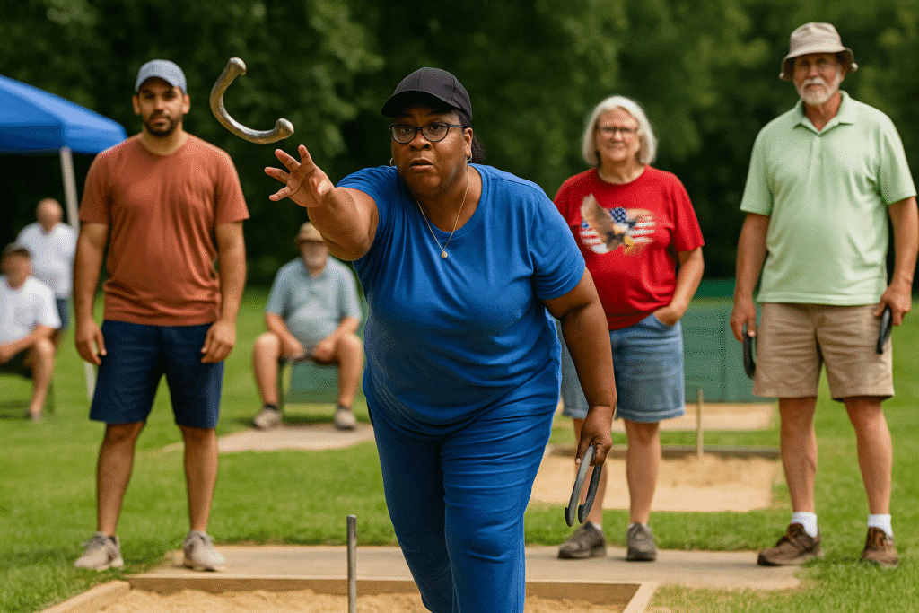 A group of people in casual summer clothing participate in a local horseshoe pitching competition at a public park.