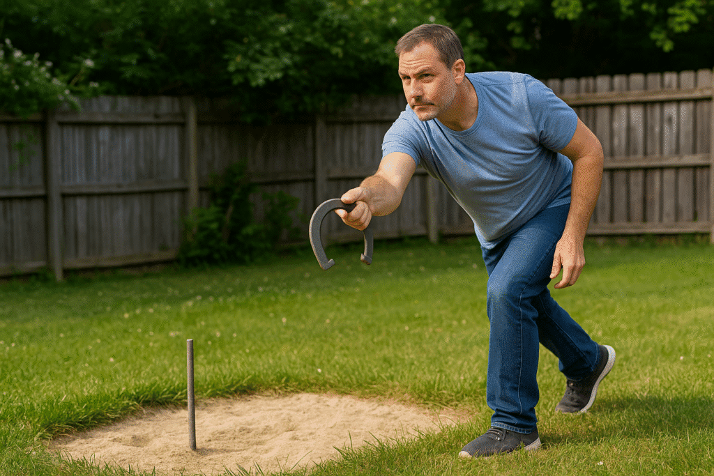 A middle-aged Caucasian man focuses on his aim while throwing a horseshoe during an outdoor accuracy drill session.