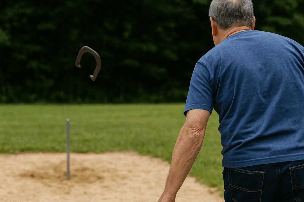 A middle-aged man with gray hair pitches a horseshoe toward a stake during a casual outdoor game on grass and sand.