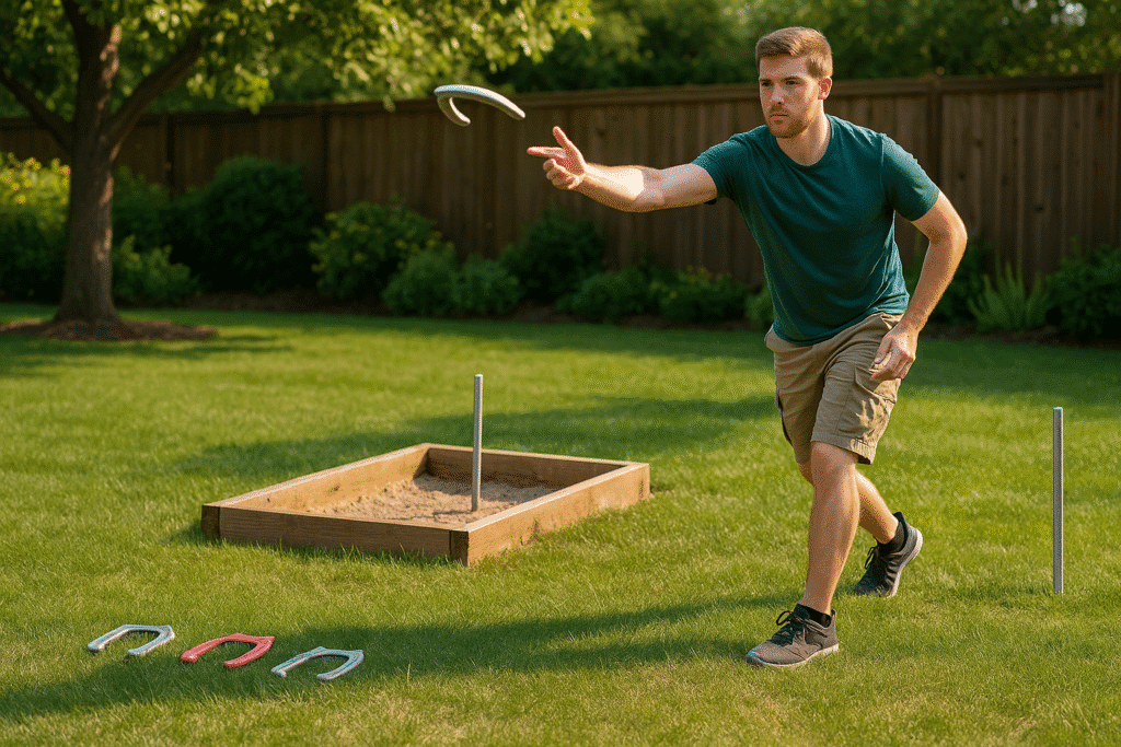 A young Caucasian man practices horseshoe accuracy using spaced-out target markers for a focused distance-control drill in a grassy yard.