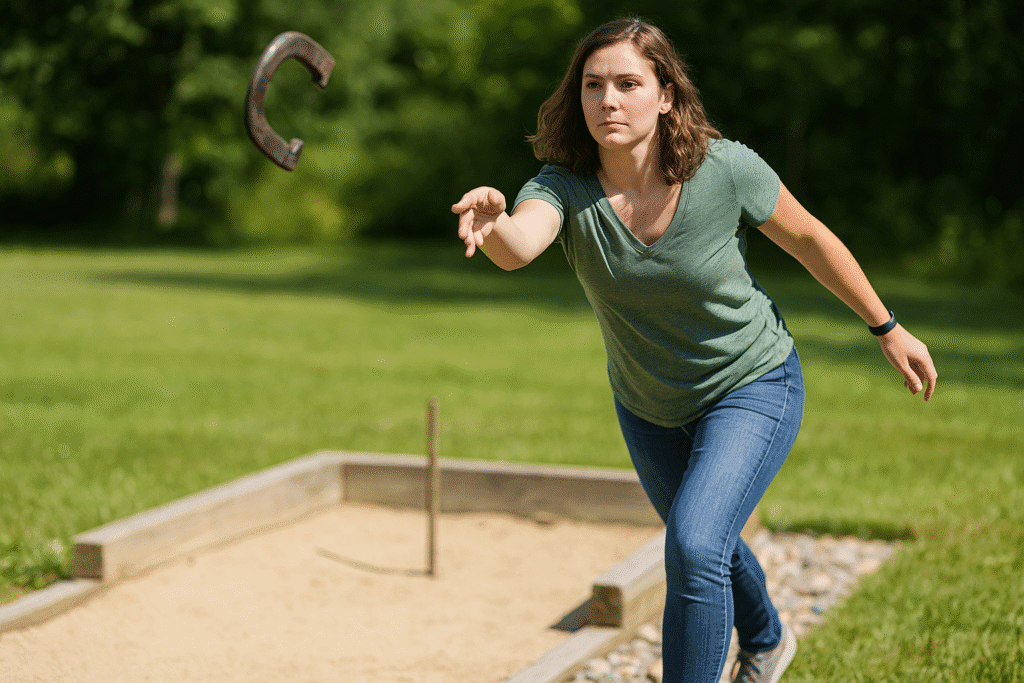 A young Caucasian woman demonstrating a turn-style horseshoe throw in a grassy backyard, focused and in motion
