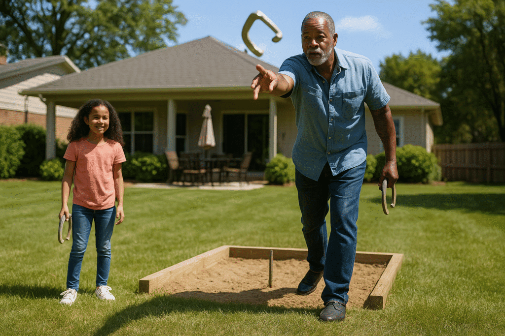 An African American grandfather teaching his grandson how to toss a horseshoe in a well-maintained backyard.