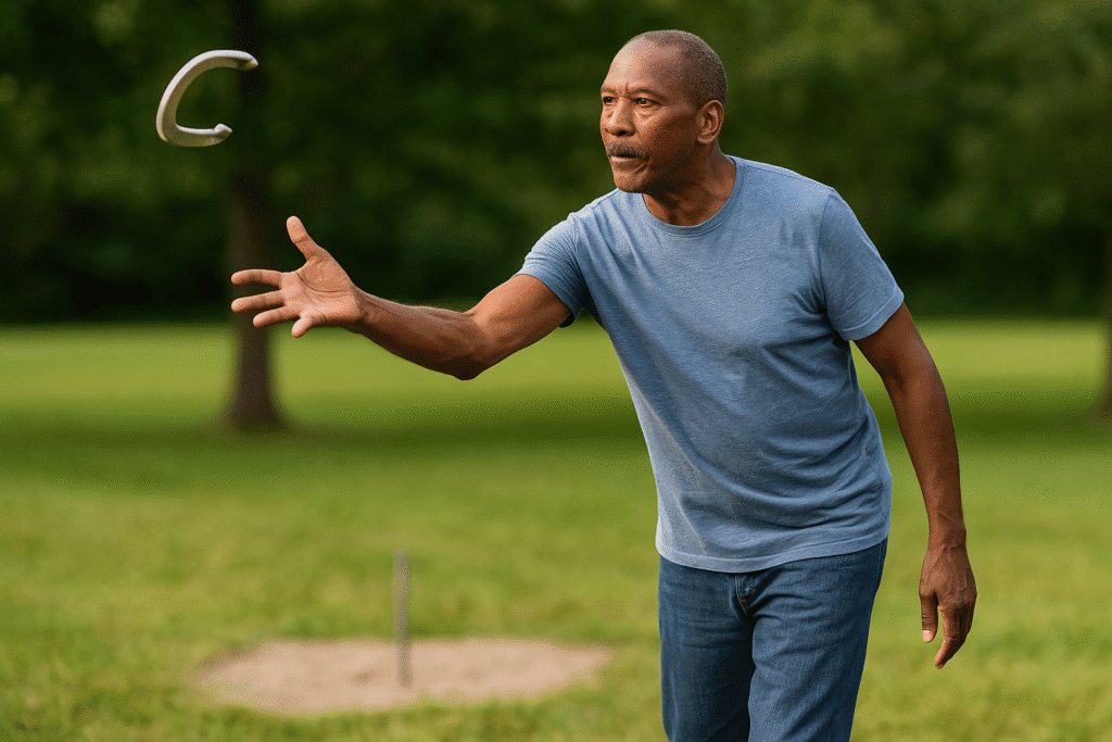 An older African American man mid-throw performing a flip-style horseshoe pitch, captured in natural sunlight.