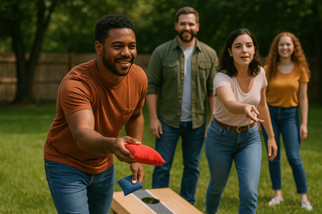 A group of four diverse friends enjoys a casual game of cornhole at a backyard gathering.