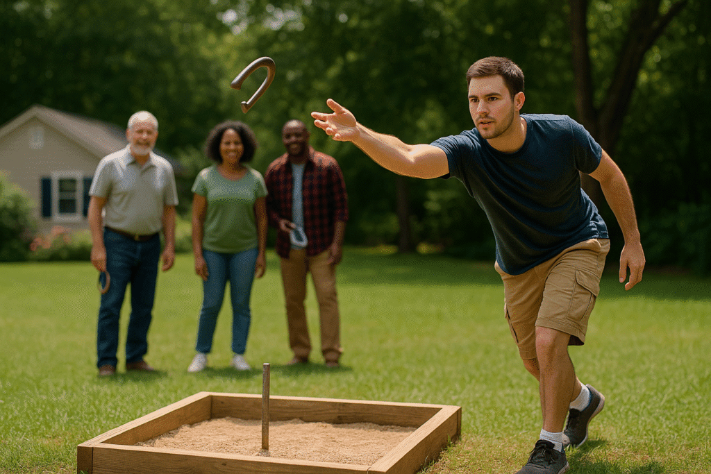 A photo of four diverse people enjoying a game of horseshoes in a grassy backyard setting, smiling and engaged.