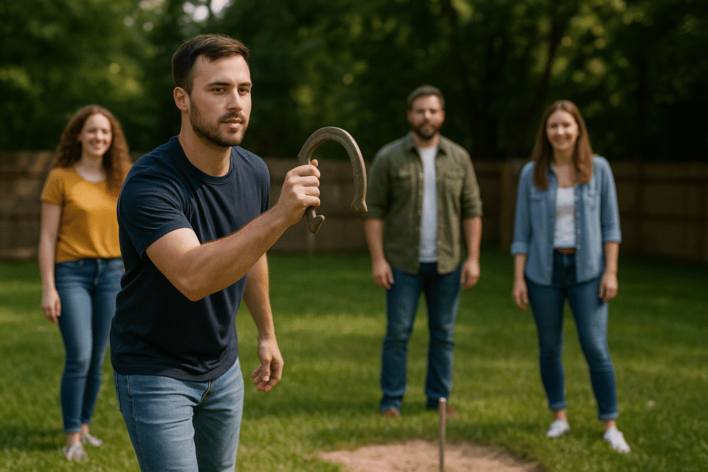 Four light-skinned individuals play a lively game of horseshoes on a grassy lawn during daylight.