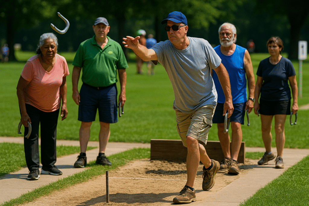 A group of six players engaged in a lively horseshoe pitching competition in a green park setting, highlighting concentration and community fun.
