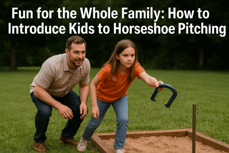 A photograph features a Caucasian father teaching his young daughter how to pitch horseshoes in a grassy backyard setting