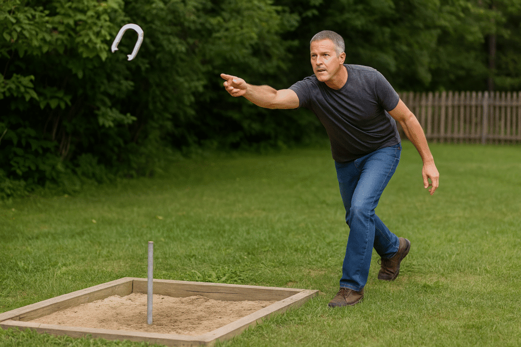 A middle-aged Caucasian man throwing a horseshoe'