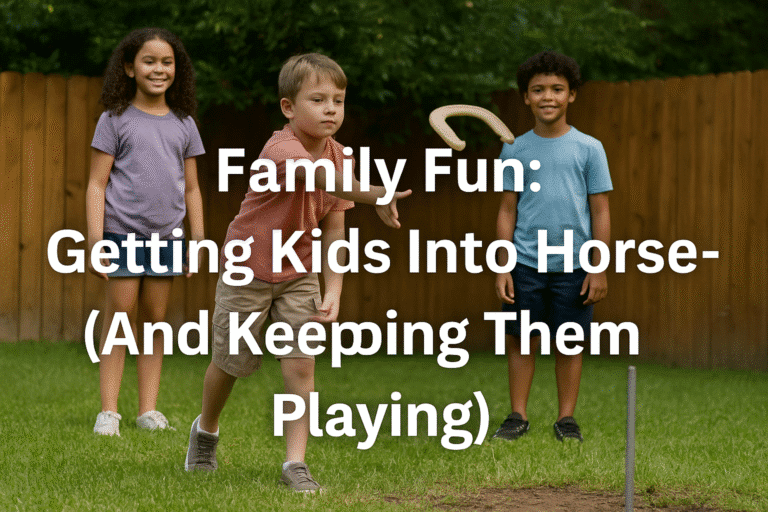 A daytime photo shows children playing a game of horseshoes in a green backyard, with overlaid text that reads “Family Fun: Getting Kids Into Horseshoes (And Keeping Them Playing)”.
