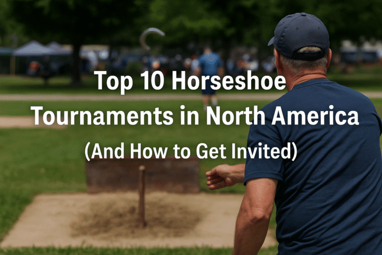 A digital photo showing a man pitching a horseshoe toward a rusty stake with overlaid text that reads “Top 10 Horseshoe Tournaments in North America (And How to Get Invited).”