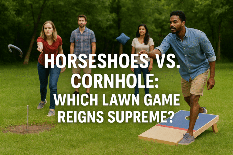 A promotional blog image with overlaid text that reads “Horseshoes vs. Cornhole: Which Lawn Game Reigns Supreme?” set against a split view of both games being played.