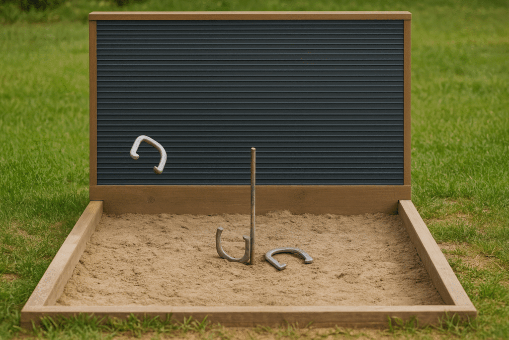 A backyard horseshoe pit with a wooden frame and a black rubber mat backstop for protecting horseshoes during throws