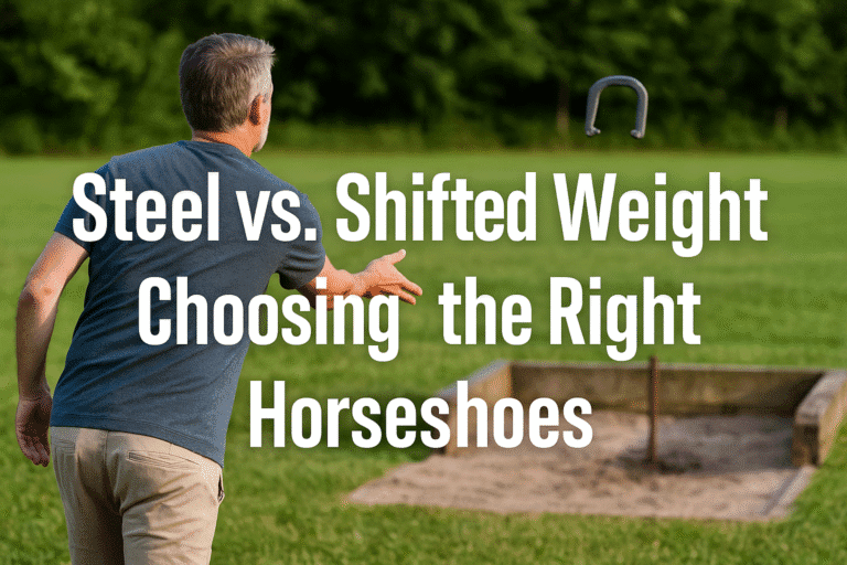 A photo of a middle-aged man gripping a horseshoe during an outdoor game, with overlaid title text reading “Steel vs. Shifted Weight: Choosing the Right Horseshoes” in bold font.