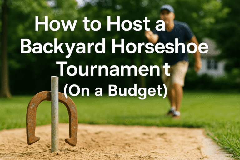 A sunny backyard scene with a man mid-throw during a horseshoe tournament, with overlaid text that reads “How to Host a Backyard Horseshoe Tournament (On a Budget)”.