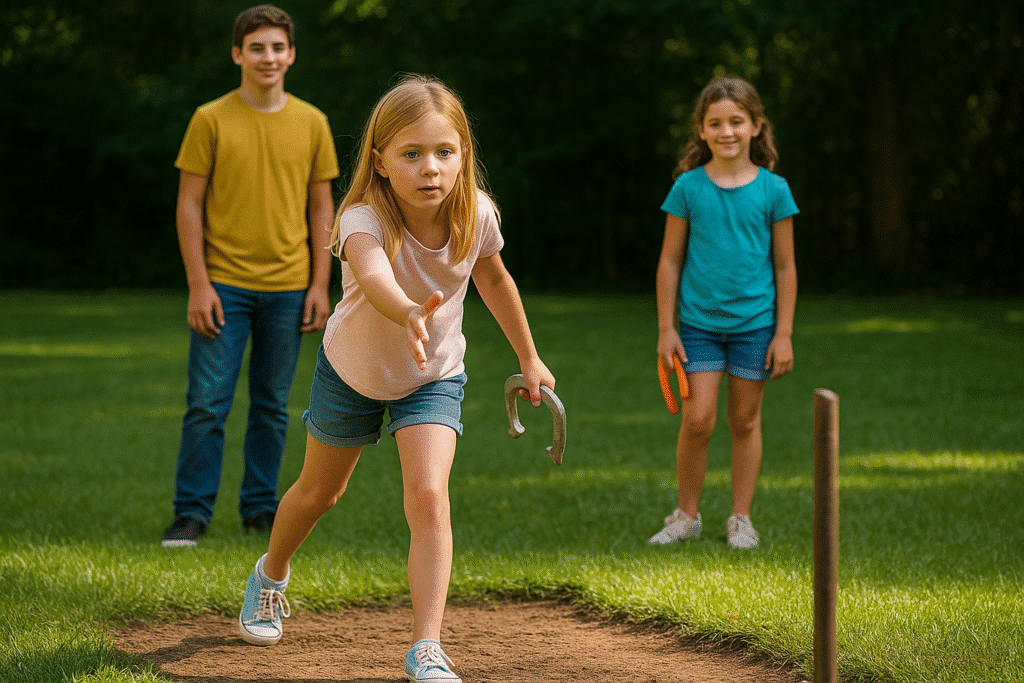A trio of kids plays a casual game of horseshoes under clear skies, focusing on taking turns with colorful lightweight sets.