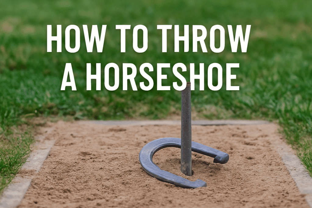 A metal horseshoe encircling a stake in a sand pit with green grass surrounding it, showing proper throwing technique results.