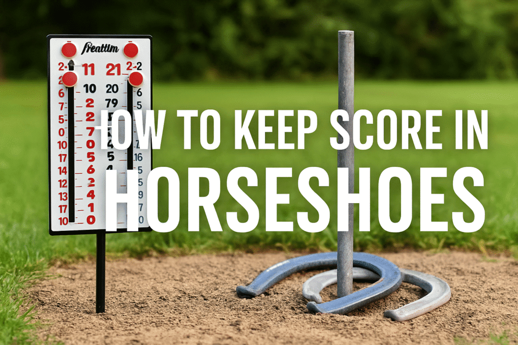 Close-up of horseshoes around a stake with a freestanding horseshoe scoreboard showing scores for two players in a grassy backyard setting.