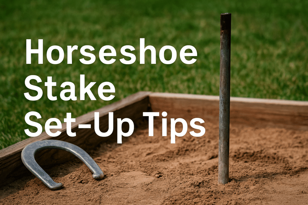 A close-up of a weathered metal horseshoe stake in a sandy court with a horseshoe nearby and grass in the background.