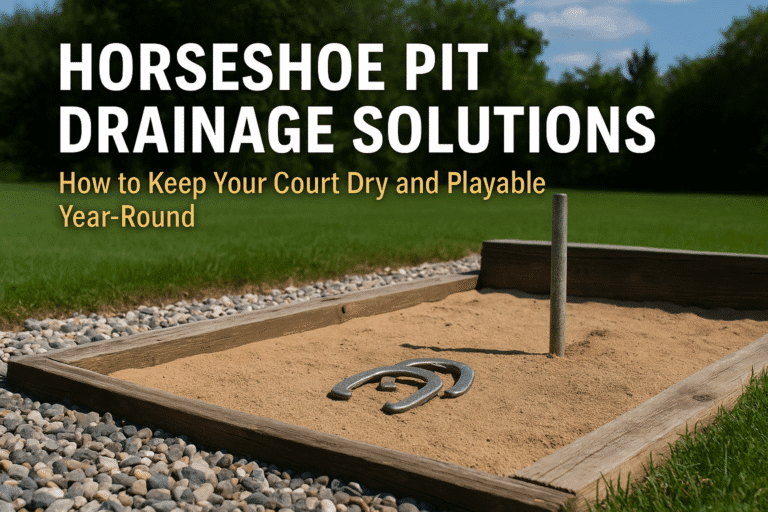 A well-maintained backyard horseshoe pit with clean gravel and a level sand surface, showcasing effective drainage and neat construction under bright daylight.