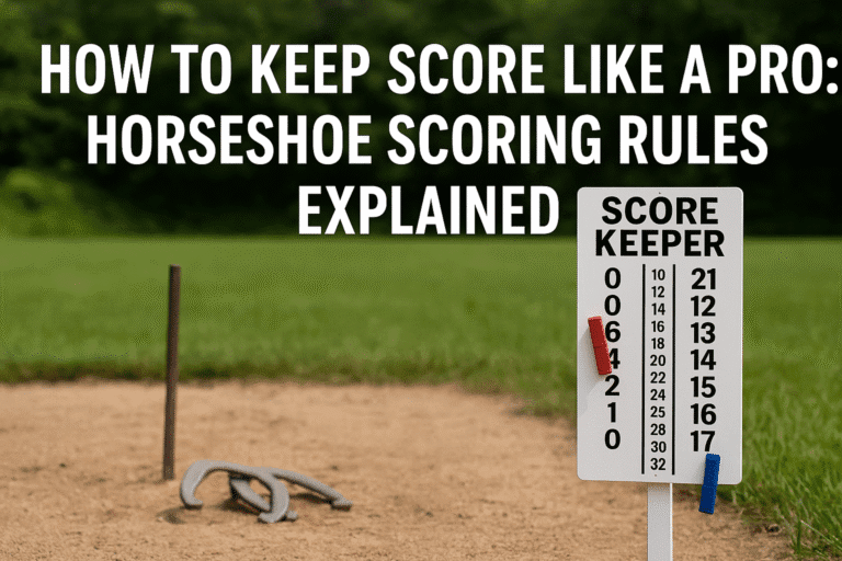 A white horseshoe scoreboard with clips next to a metal stake and horseshoes on a sandy court, set against a green grassy field.