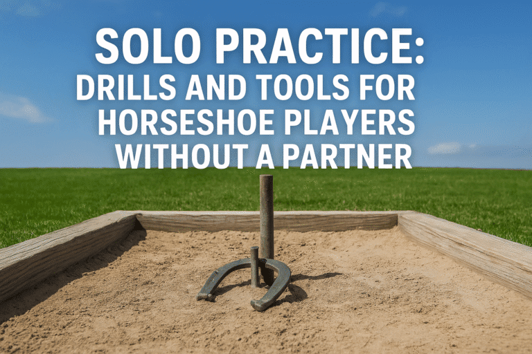 A sandy horseshoe pit with a metal stake and two horseshoes under a clear blue sky, promoting solo horseshoe practice.