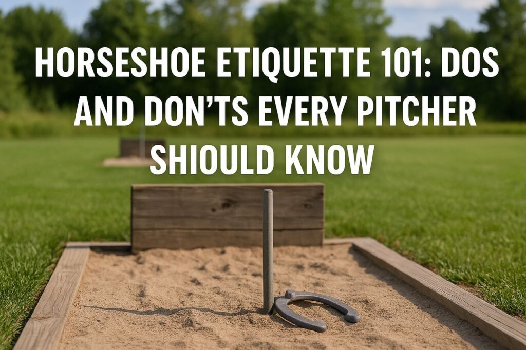 A horseshoe player preparing to pitch in a sunny outdoor setting, representing proper horseshoe etiquette