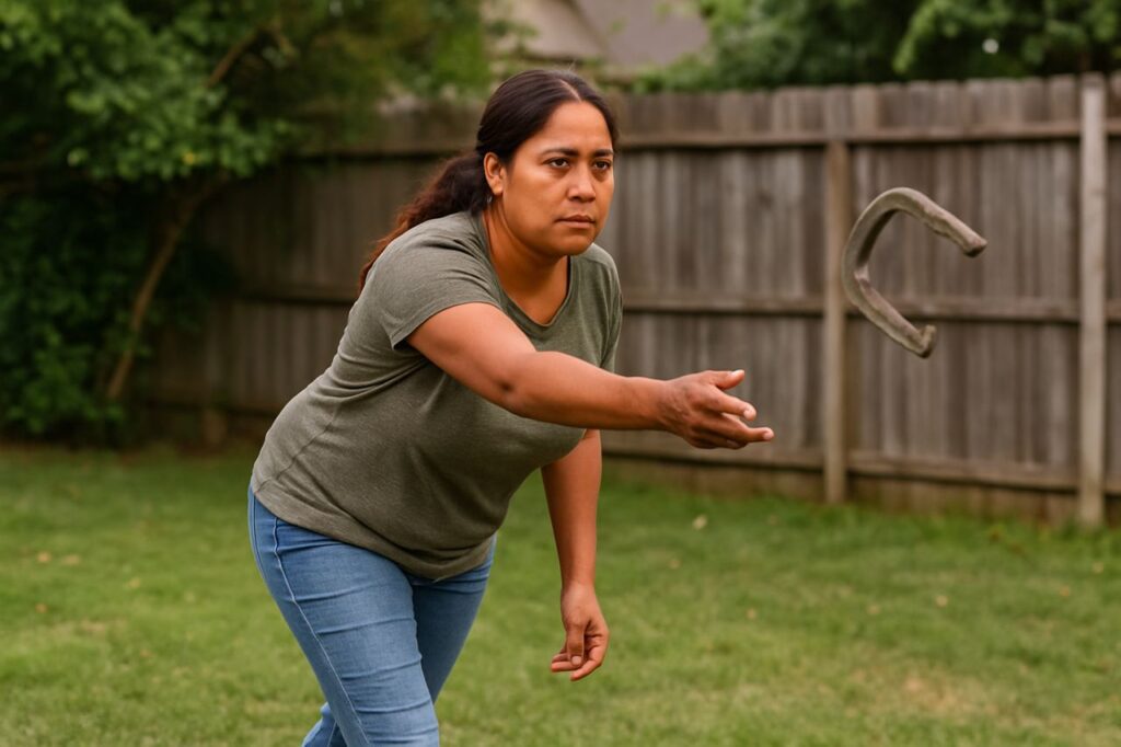 A Hispanic woman concentrating on her horseshoe throw during a friendly backyard game.