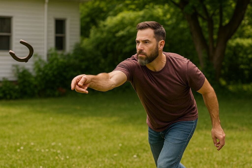A bearded Caucasian man in casual clothes pitches a horseshoe with precision, concentrating on double ringer accuracy.