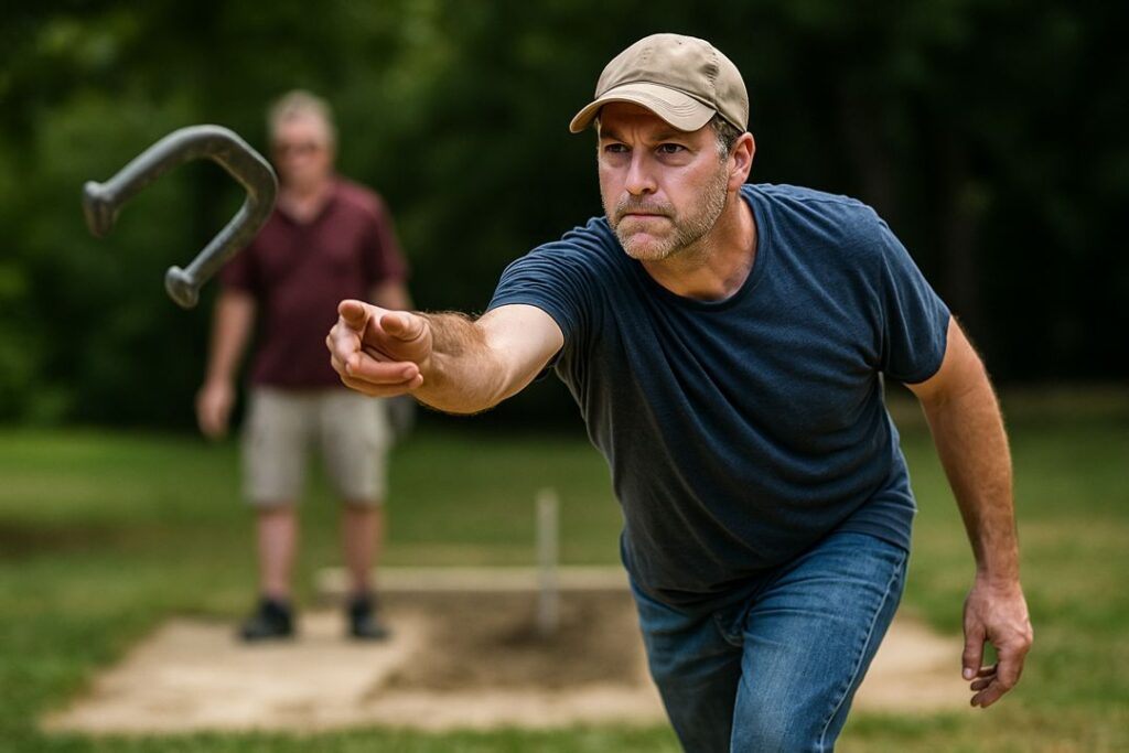 A man wearing a beige cap throws a horseshoe with focus, as another man watches near the stake in the background.