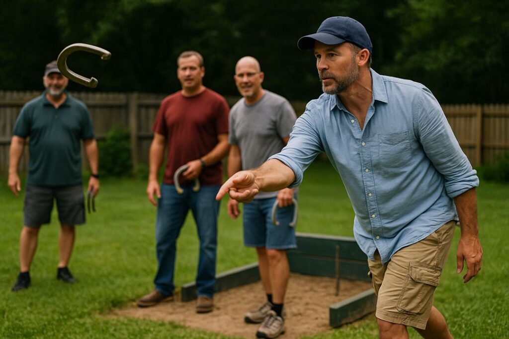 Four friends enjoying a casual backyard horseshoe game, smiling and laughing while standing near the stake on a sunny afternoon.