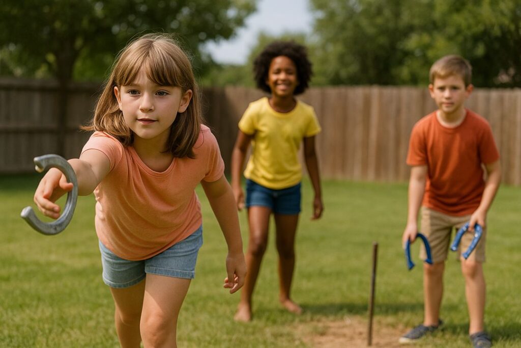 A young girl throws a horseshoe toward the stake as her two friends, a boy and a girl, watch and smile in a sunny backyard.