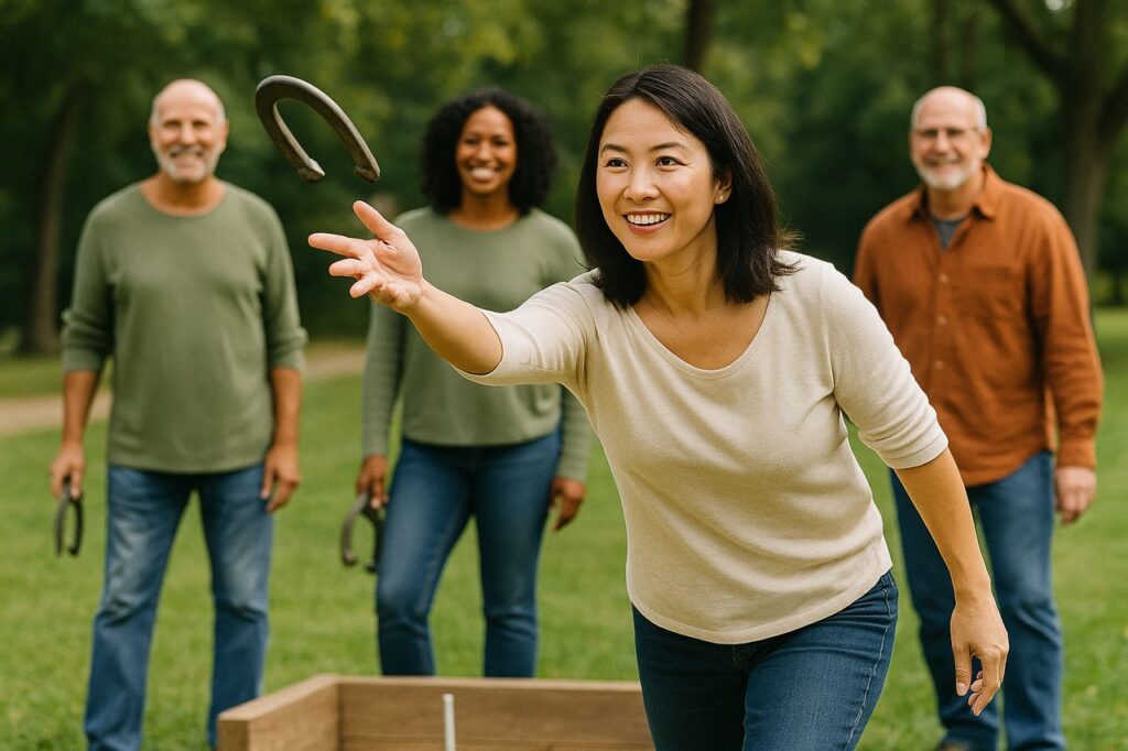 A diverse group of people playing horseshoes in an outdoor setting, showcasing camaraderie and sportsmanship.